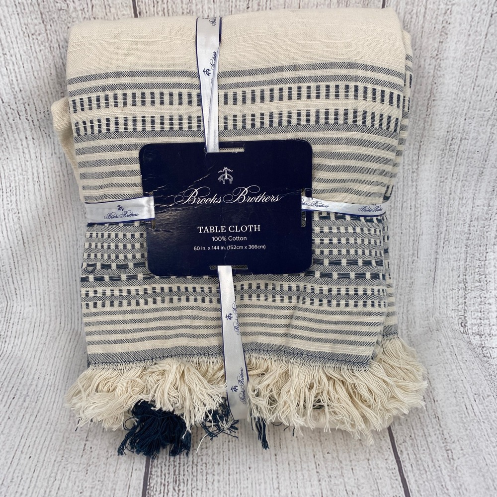 Brooks Brothers Tablecloth 60x144 Navy Cream Striped Fringe Oblong 100% Cotton